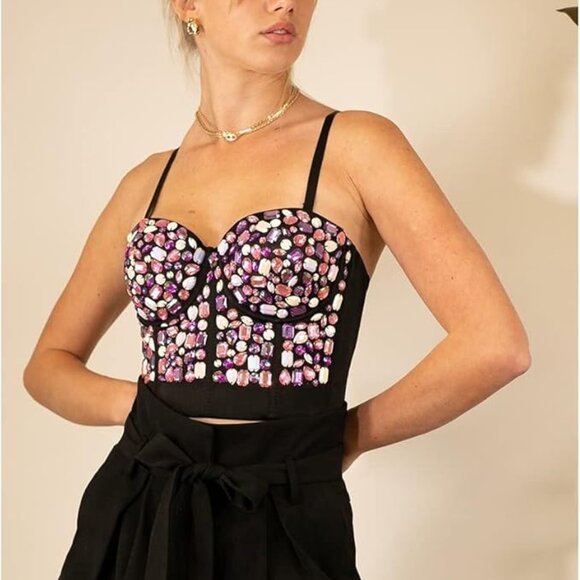 atokiss Tops - Beaded and Jewelled Corset Bustier Crop Top - Size Small